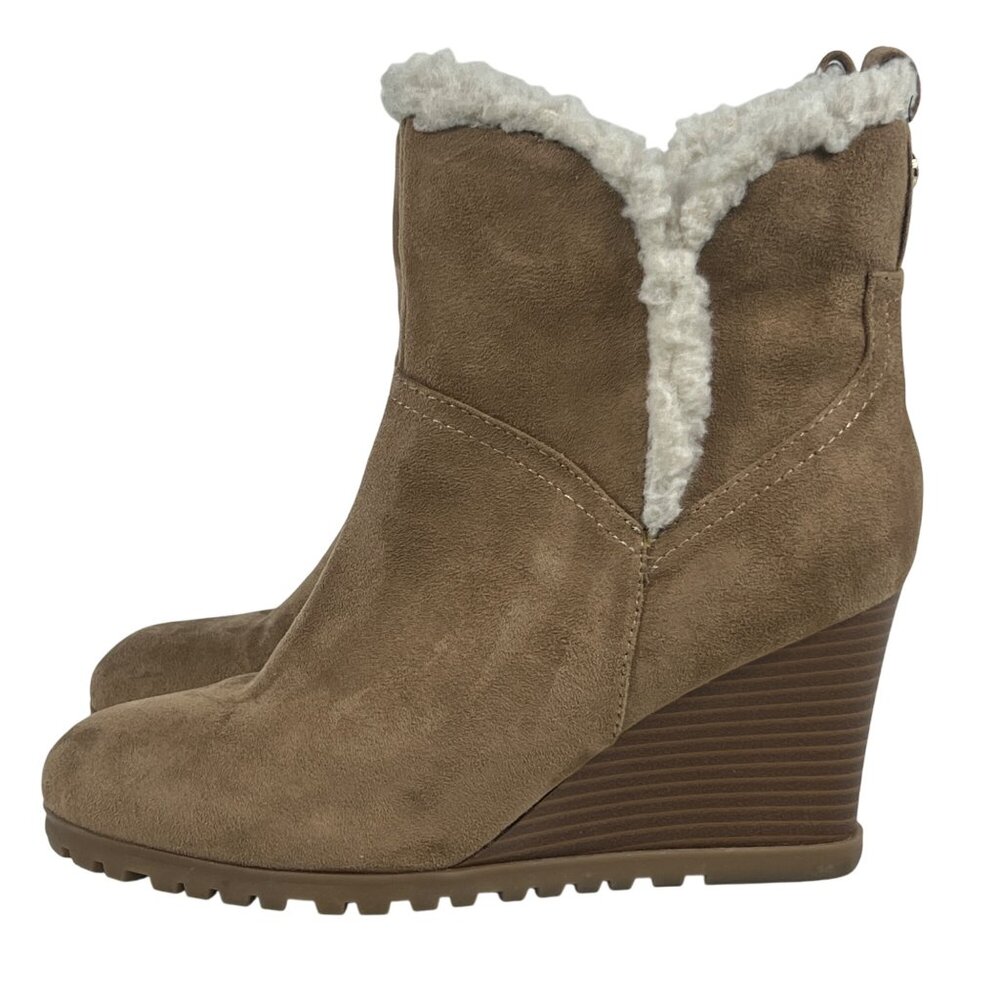Nine West Light Natural Wedge Ankle Boots Faux Shearling Trim Side Zipper 10 M